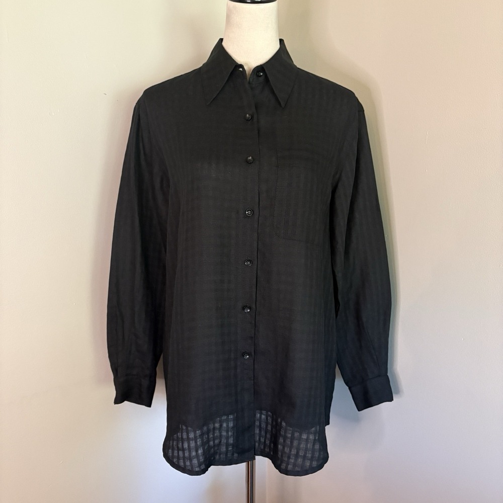 VTG 90s Liz Claiborne Lizsport 100% Irish Linen Button Up Black Shirt Small Grid